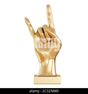 Eine goldene Figur einer Hand mit zwei erhobenen Fingern auf weißem Hintergrund. Vorderansicht. 3d-Rendering Stockfoto