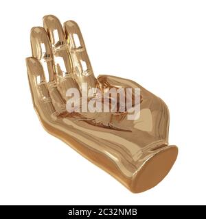 Dekorative goldene Hand mit leicht gebeugten Fingern auf weißem Hintergrund. 3d-Rendering Stockfoto