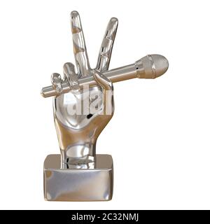 Eine Metallfigur einer Hand mit zwei hochgehobenen Fingern hält ein Mikrofon auf weißem Hintergrund. Vorderansicht. 3d-Rendering Stockfoto