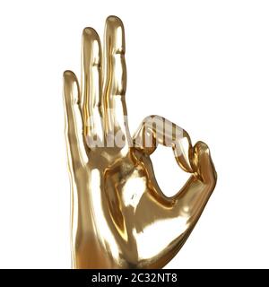 Goldene Hand mit gefalteten Fingern in einer ok-Geste auf weißem Hintergrund. Vorderansicht. 3d-Rendering Stockfoto