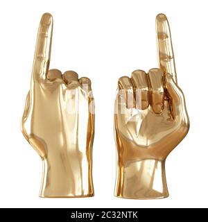 Zwei goldene Figuren einer Hand mit einem erhobenen Zeigefinger auf weißem Hintergrund. 3d-Rendering Stockfoto