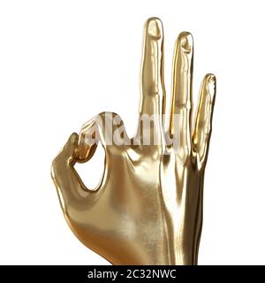 Goldene Hand mit gefalteten Fingern in einer ok-Geste auf weißem Hintergrund. Rückansicht. 3d-Rendering Stockfoto