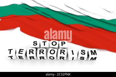 Bulgarische Flagge und Text stop Terrorismus. 3D-Rendering. Stockfoto