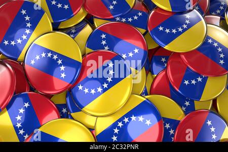 Venezuela Abzeichen Hintergrund - Haufen von venezolanischen Flagge Buttons. 3D Rendering Stockfoto