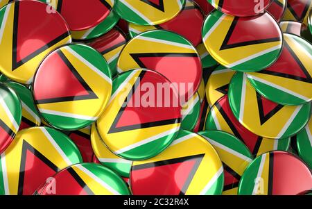 Guyana Abzeichen Hintergrund - Haufen von Guyana Flagge Buttons. 3D Rendering Stockfoto