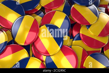 Chad Abzeichen Hintergrund - Haufen von tschadischen Flagge Buttons. 3D Rendering Stockfoto