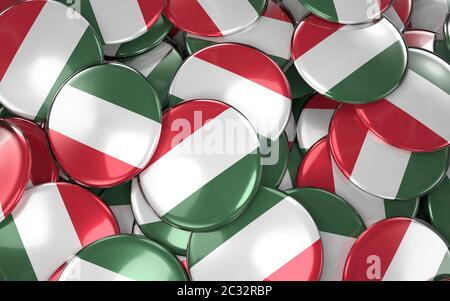 Ungarn-Abzeichen Hintergrund - Haufen der ungarischen Flagge Buttons. 3D Rendering Stockfoto