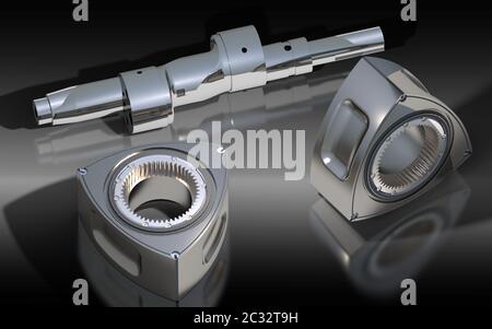 Die Teile von Wankelmotor. 3D-Rendering Stockfoto