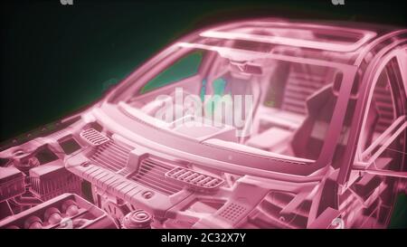 Holographische Animation von 3D-Drahtmodellelementen auto Modell mit Motor Stockfoto