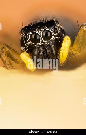 Makro Fokus Stapelbild des Kupfer-Sonnenspringer. Sein lateinischer Name ist Heliophanus cupreus. Stockfoto