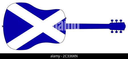 Eine typische akustische Gitarre silhouette isoliert über einen weißen Hintergrund mit einer schottischen Flagge Stockfoto