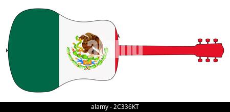 Eine typische akustische Gitarre silhouette isoliert über einem weißen Hintergrund mit einem Mexiko Flagge Stockfoto