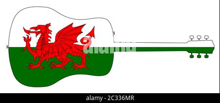 Eine typische akustische Gitarre silhouette isoliert über einem weißen Hintergrund mit einem Wales Flagge Stockfoto