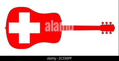 Eine typische akustische Gitarre silhouette isoliert über einem weißen Hintergrund mit einem Schweiz Flagge Stockfoto