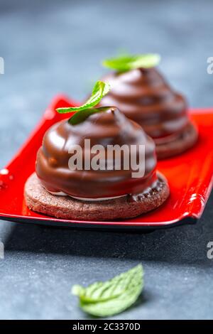 Mini-Schokoladen-Kuchen mit grünen Minzblättern. Stockfoto