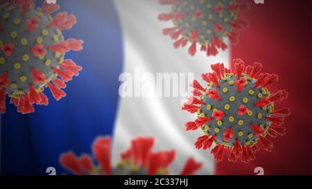 Konzept des neuartiger Ausbruch des Coronavirus pandemic in Frankreich, der die COVID 19-Krankheit verursacht. Detaillierte 3D-Visualisierung eines infektiösen Virus mit Flagge in Backgr Stockfoto