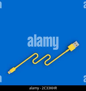 Usb-Kabel gelb auf blauem Hintergrund in flatlay Stil. 3D-Rendering Stockfoto