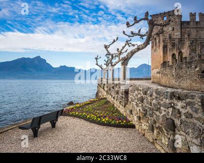 Herbst Landschaft von Torri del Benaco Stadt mit Schloss und See Küste, Gardasee, Venetien, Italien Stockfoto