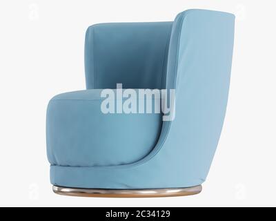 Blauer Sessel mit rundem Sitz auf weißem Hintergrund, 3D-Rendering Stockfoto