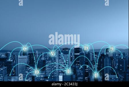 Stadtbild mit Netzwerkanschluss des COVID-19 Virus Ausbruch von einem Ort zum anderen auf der ganzen Welt Stockfoto
