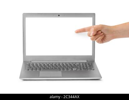 Notebook-Computer und zeigende hand Stockfoto