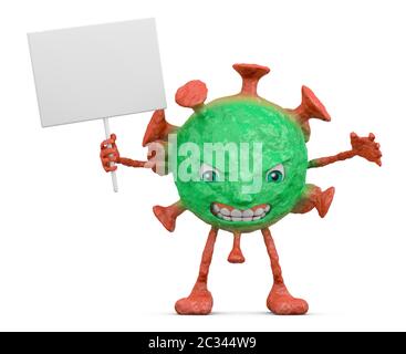 Rot-grünes böses Coronovirus hält ein Hinweisschild. 3D-Rendering. Stockfoto