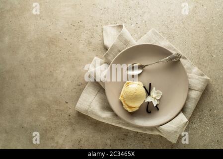 Hausgemachte Bio Vanille Softeis. Vanille Joghurt- oder Softeis mit Blume Stockfoto