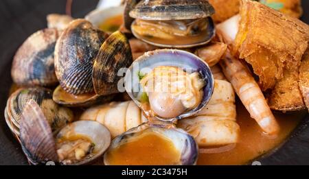 Fischsuppe, typische Meeresfrüchte Gerichte der italienischen Küche. Stockfoto