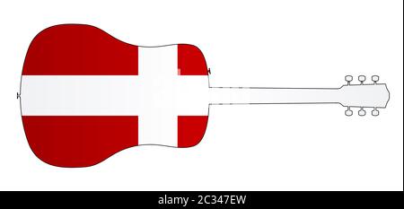 Eine typische akustische Gitarre silhouette isoliert über einem weißen Hintergrund mit einem Dänemark Flagge Stockfoto
