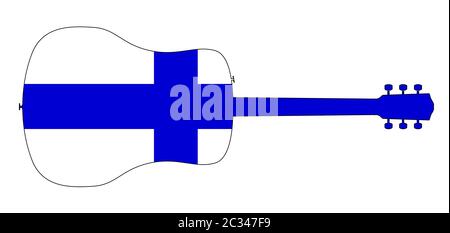 Eine typische akustische Gitarre silhouette isoliert über einem weißen Hintergrund mit einem Finnland Flagge Stockfoto