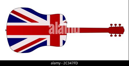 Eine typische akustische Gitarre silhouette isoliert über einen weißen Hintergrund mit einer Britischen Flagge Stockfoto