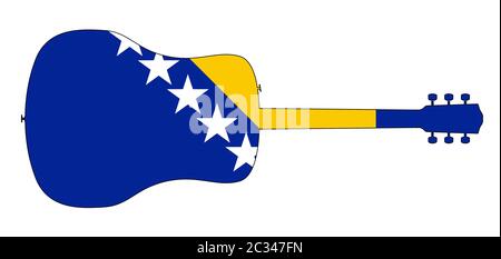 Eine typische akustische Gitarre silhouette isoliert über einem weißen Hintergrund mit einem Bosnien und Herzegowina Flagge Stockfoto
