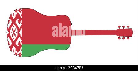 Eine typische akustische Gitarre silhouette isoliert über einem weißen Hintergrund mit einem weißrussland Flagge Stockfoto