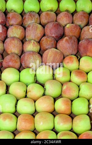 Markt für gestapelte grüne und rote Appelfrüchte Stockfoto