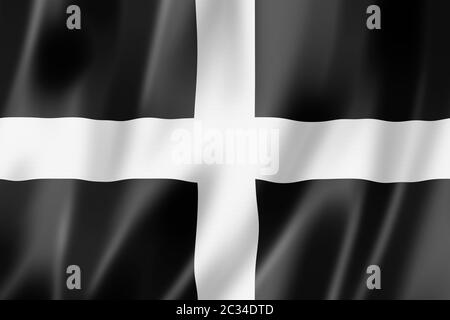 Cornwall County Flag, Großbritannien schwenkt Bannersammlung. 3D-Abbildung Stockfoto