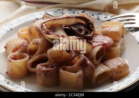 Mezze Maniche mit rotem Radicchio und Speck Stockfoto