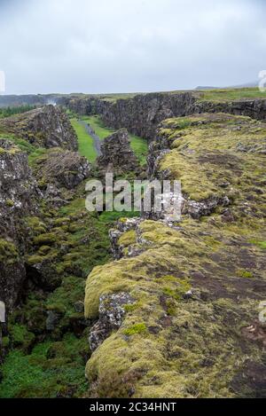 Thingvellir, Island - 19 Juli 2017: Touristen durch die Almannagja Störung Zeile in der MID-atlantic ridge Nordamerikanischen Platte im Thingvellir Na Stockfoto