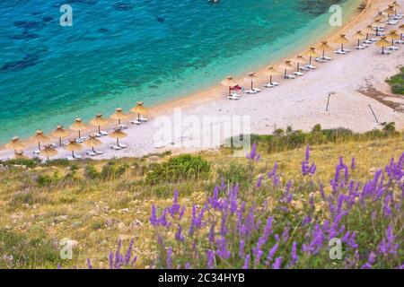 Insel Krk Strand in Stara Baska Luftaufnahme, Archipel von Kvrner, Kroatien Stockfoto