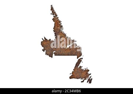 Karte von Neufundland und Labrador auf verrostetem Metall Stockfoto