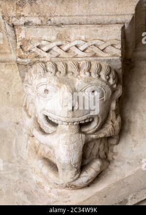 Monster oder Tarasque verschlingt ein Sünder c12th romanische Carving in der Kreuzgänge Montmajour Abtei in der Nähe von Arles Provence Frankreich Stockfoto