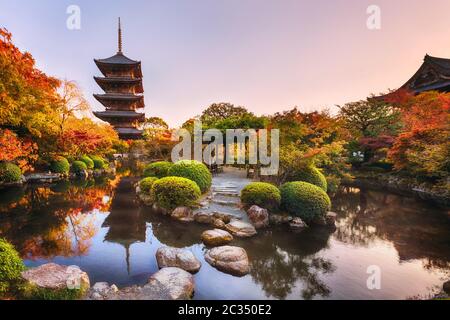 Alte Pagode Toji Tempel im Herbstgarten, Kyoto, Japan. Höchste Holzpagode in Japan und UNESCO-Weltkulturerbe. Stockfoto