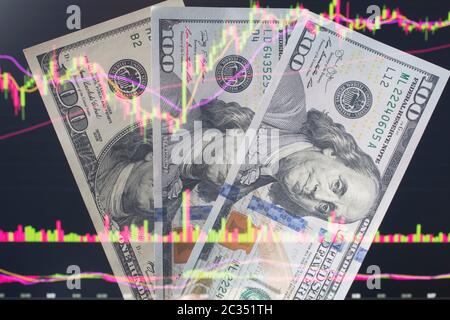 Dollar vor einem Laptop-Monitor mit einem Kursdiagramm.Forex und Trading.EIN Händler handelt Aktien, Anleihen und Wertpapiere oder Währungen auf der Devisenmarke Stockfoto
