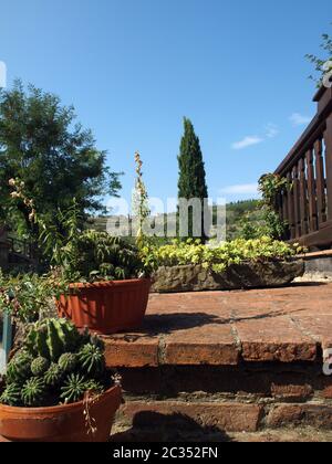 Terrasse mit Blick auf Weinberge in der Toskana Stockfoto