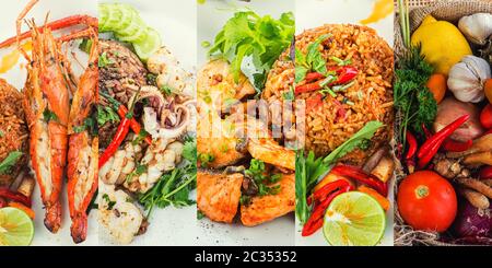 Asiatische gebratenen Reis nasi Goreng mit Krabben, Garnelen, Octopus, Lachs, Tom Yam Meeresfrüchte gebratener Reis, Thai-Essen Stockfoto