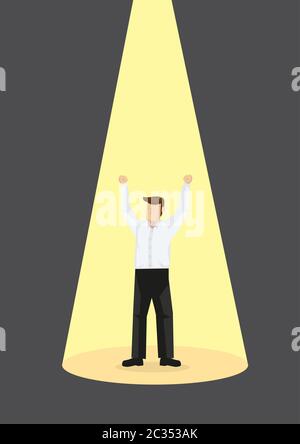 Glücklicher Geschäftsmann mit den Armen und einem gelben Fleck Licht auf ihm. Konzept der Unternehmenserfolge oder des Erfolgs. Vektorgrafik Cartoon-Illustration. Stock Vektor