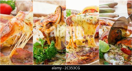 Fotocollage mit verschiedenen Arten von Sea Food Pizza Stockfoto