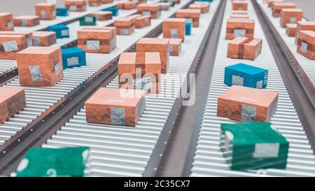 Transportrollen mit verschiedenen Packungen. Konzept der Schifffahrts-, Logistik- und Fertigungsindustrie. 3D-Rendering. Stockfoto
