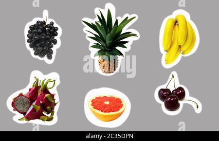 Etiketten mit Früchten - Trauben, Ananas, Bananen, Drachenfrucht, Grapefruit, Kirschen Stockfoto