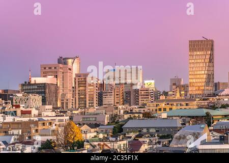 Bird's Sicht der Bezirk der japanischen Jugend Kultur Mode von Harajuku Gassen mit Roppongi Hills, TOD'S und Ao Gebäude im Hintergrund bei Sonnen Stockfoto