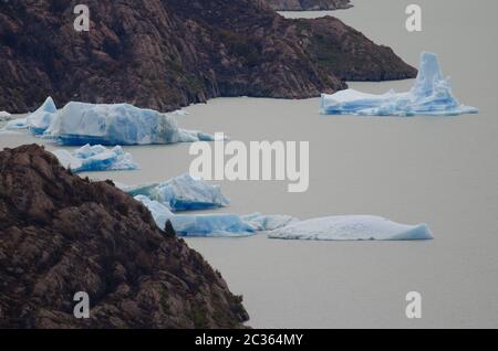 Fragmente von Eis schwimmend in Grey See und Hänge brannten im Waldbrand von 2011-2012. Nationalpark Torres del Paine. Magallanes und chilenischer Antar Stockfoto